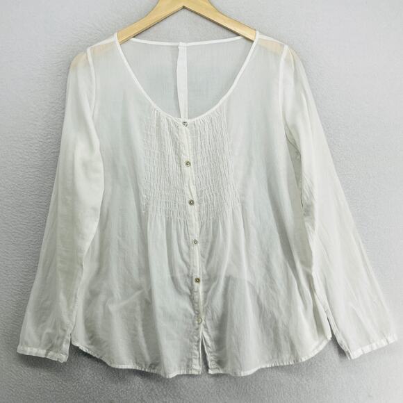 Eileen Fisher Tops - EILEEN FISHER Top M Organic Cotton Voile Smocked Button Up Long Sleeve White